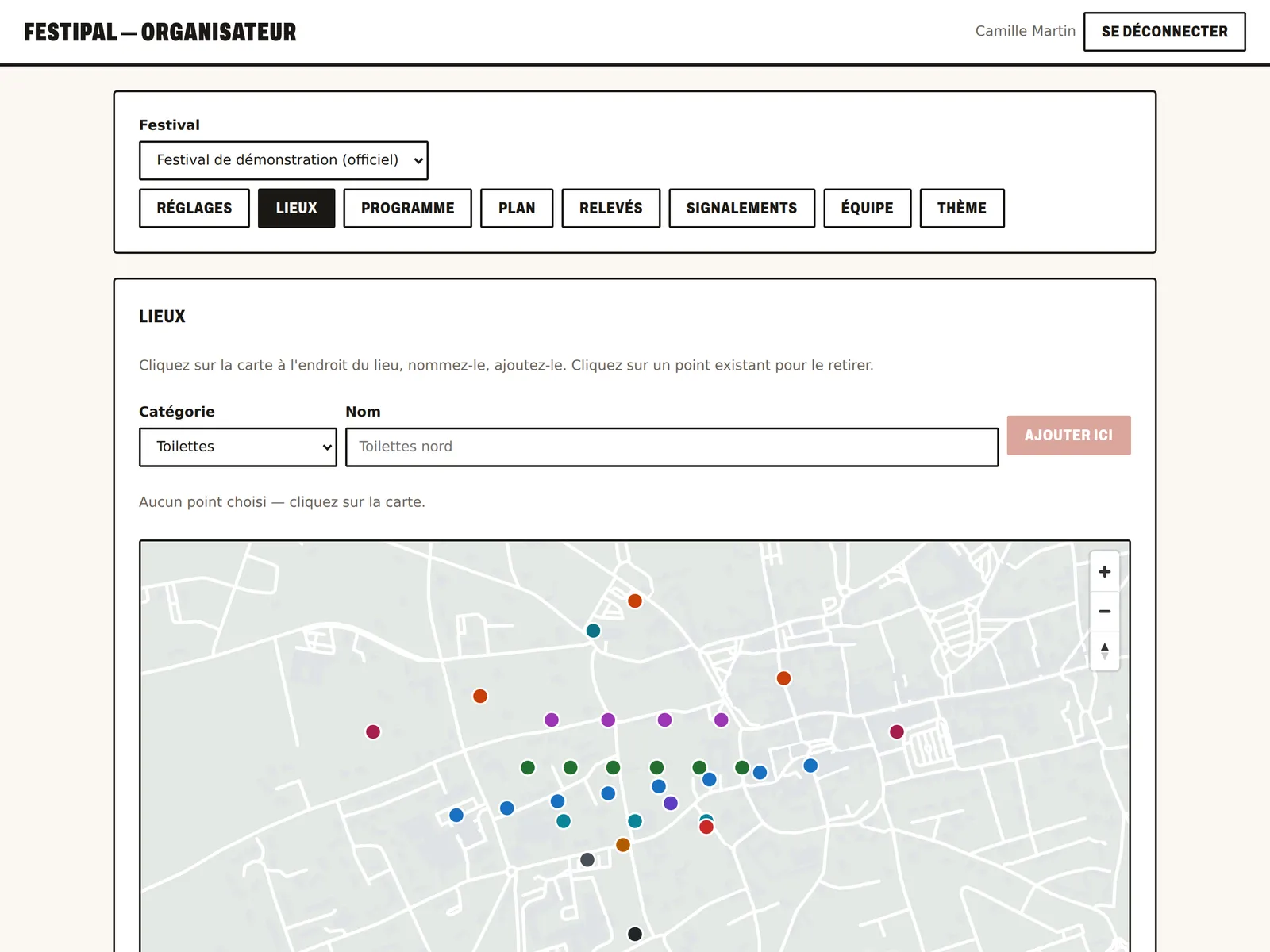 Le back-office, onglet Lieux : les lieux du festival de démonstration posés sur la carte, et le formulaire pour en ajouter un d'un clic.